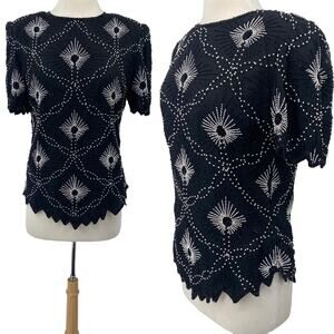 Vintage Scala Pure Silk Beaded Pearl Top Short Sleeve Black White Womens size XL